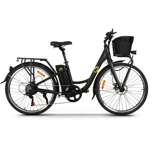 City Bike- Commuter E-Bike mit tiefem Einstieg, 26 Zoll Räder, Licht, Ständer, Gepäckträger und Korb