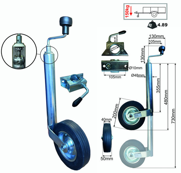 Stützrad mit Klemmhalter- Deichselrad für Anhänger  (150 kg, Ø 48 mm)