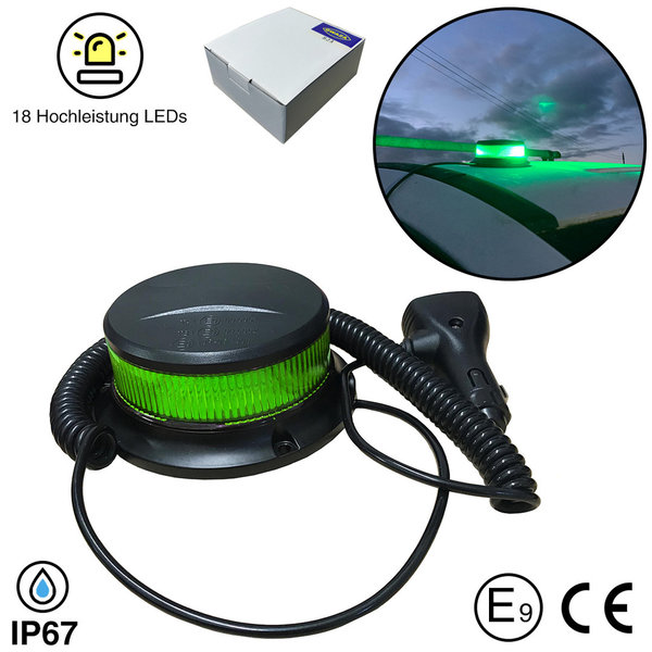 Grün LED Rundumleuchte, flache Bauform, Magnetfuß, 12/24 V, 1,3 m Kabel,Kfz-Ladeadapter IP67 E9 CE